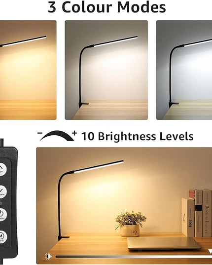 Lepro Clip on Desk Lamp LED Reading light Dimmable USB Small Clamp Lamp with 3 Color Modes 10 Brightness, Adjustable Flexible Gooseneck Table Light for Bed Headboard, Nail, Home Office,Computer(Black) - LeafyLoom