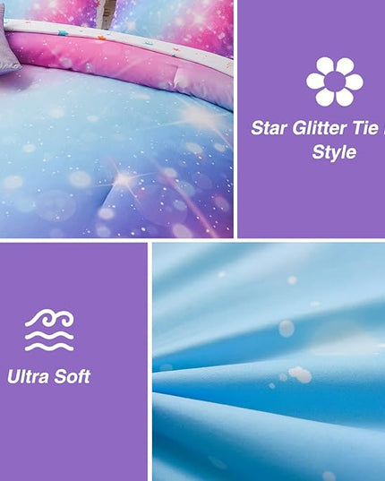 A Nice Night 6Pcs Gradient Glitter Bedding Set for Girls Full Size, Colorful Rainbow Galaxy Comforter Set, Ultra Soft Bedding Sets, Purple - LeafyLoom