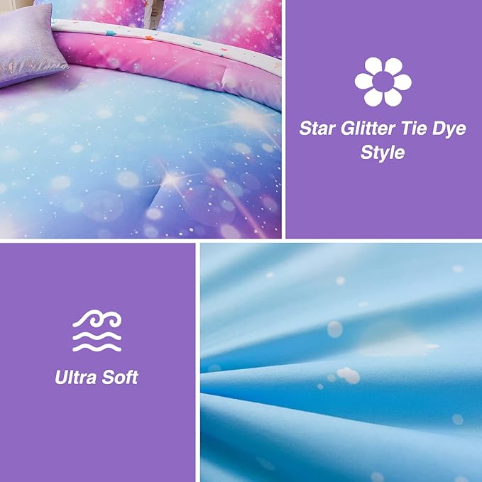 A Nice Night 6Pcs Gradient Glitter Bedding Set for Girls Full Size, Colorful Rainbow Galaxy Comforter Set, Ultra Soft Bedding Sets, Purple - LeafyLoom