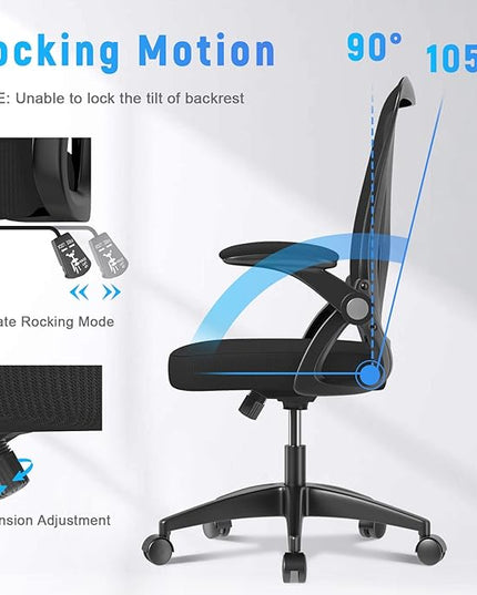naspaluro Ergonomic Office Chair, Mid Back Desk Chair with Adjustable Height, Swivel Chair with Flip-Up Arms and Lumbar Support, Breathable Mesh Computer Chair for Home/Study/Working, Dark Black - LeafyLoom