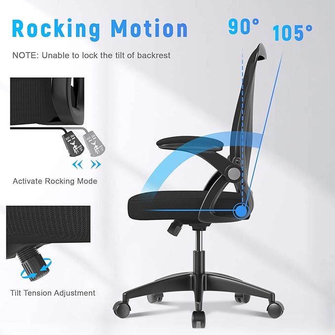 naspaluro Ergonomic Office Chair, Mid Back Desk Chair with Adjustable Height, Swivel Chair with Flip-Up Arms and Lumbar Support, Breathable Mesh Computer Chair for Home/Study/Working, Dark Black - LeafyLoom