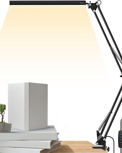LED Metal Swing Arm Desk Lamp with Clamp, 14W Eye-Caring 3 Modes, 30 Brightness Dimmable, Memory Function/USB Adapter, Architect Table Light for Home Office (White) - LeafyLoom