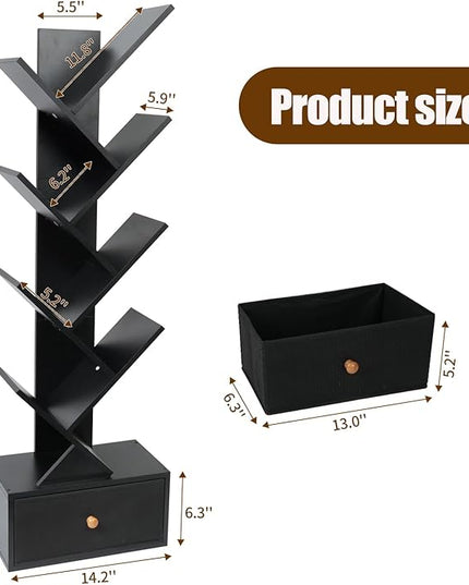 8-Tier Bookshelf Tree Bookshelf Book Tree with Drawer Wooden Bookshelves Storage Rack for CDs/Books, Shelves for Bedroom, Living Room & Office (Black) - LeafyLoom