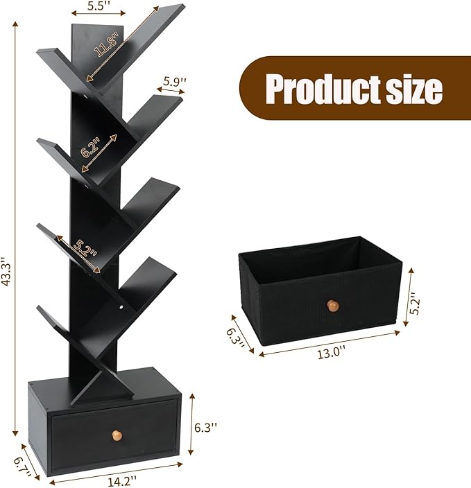 8-Tier Bookshelf Tree Bookshelf Book Tree with Drawer Wooden Bookshelves Storage Rack for CDs/Books, Shelves for Bedroom, Living Room & Office (Black) - LeafyLoom