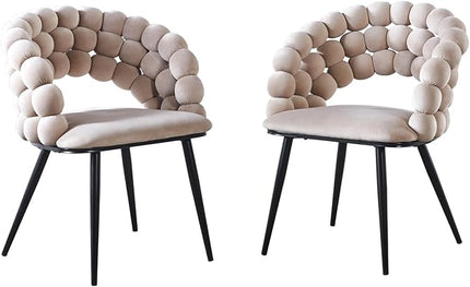 White Woven Velvet Barrel Accent Chairs with Black Metal Legs, Upholstered Armchair for Dining Room Vanity Living Room - LeafyLoom