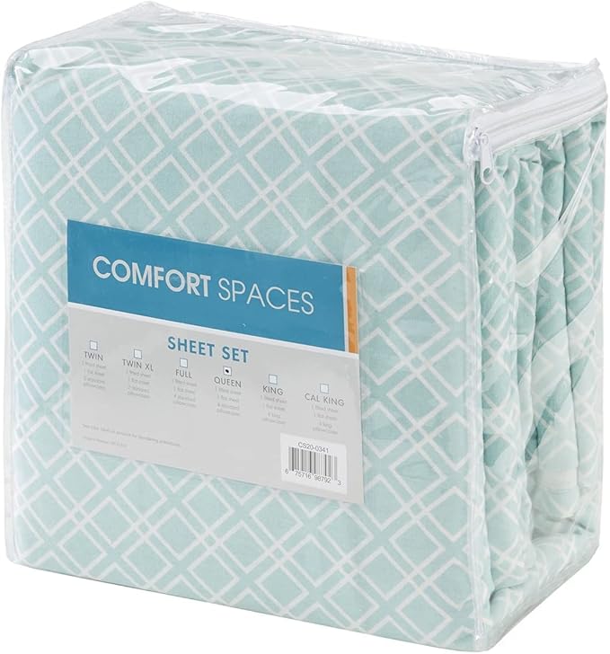 Comfort Spaces Cotton Flannel Breathable Warm Deep Pocket Sheets with Pillow Case Bedding, Queen, Aqua Geo 4 Piece - LeafyLoom