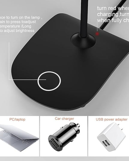 DEEPLITE Battery Operated Desk Lamp, LED Desk Light 3 Lighting Modes Stepless Dimming, Table Lamp 5W Touch Control Eye Caring, Flexible Gooseneck, Portable Reading Light for Dorm Study Office Bedroom - LeafyLoom