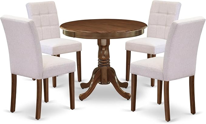 East West Furniture ANAS5-AWA-08 5 Piece Mid Century Set Consists Kitchen Table and 4 Mist Beige Linen Fabric Modern Dining Chairs, Antique Walnut, 36x36 Inch - LeafyLoom