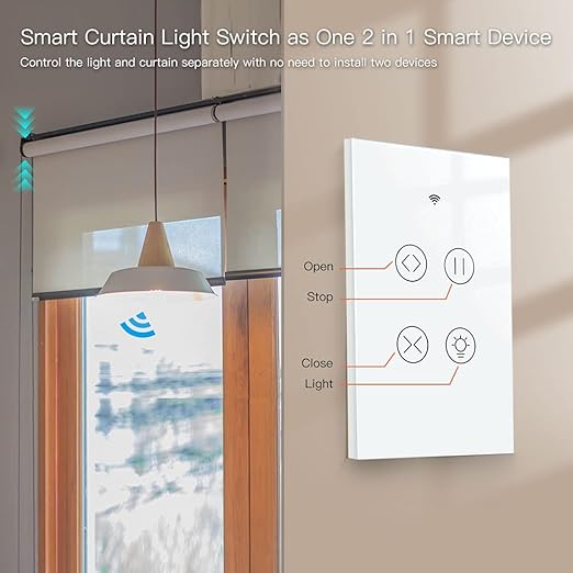 MOES 2.4GHz WiFi RF Smart Curtain Light Touch Switch Glass Panel Backlight ON/Off Wireless Remote Control with Tuya Smart Life App, Voice Control with Google Home Alexa, White MOES