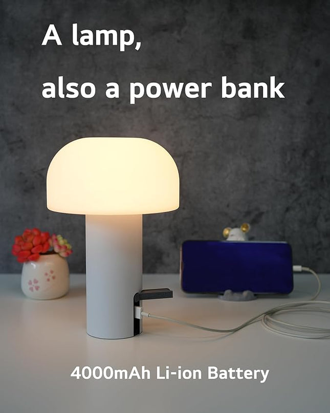 Outdoor Mushroom Table Lamp Rechargeable, Cordless Lamps for Patio Waterproof, Portable Battery Operated Lamp with USB Charging, Touch Dimming Night Light for Home/Porch/Restaurant (White) - LeafyLoom