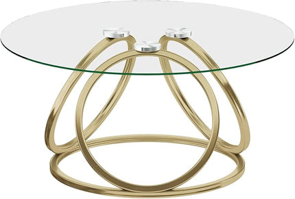 O&K FURNITURE Gold Coffee Table, Modern Round Glass Coffee Table for Living Room with Ring-Shaped Frames, Gold Glass Table for Home&Office,Gold Finish, 1PC - LeafyLoom