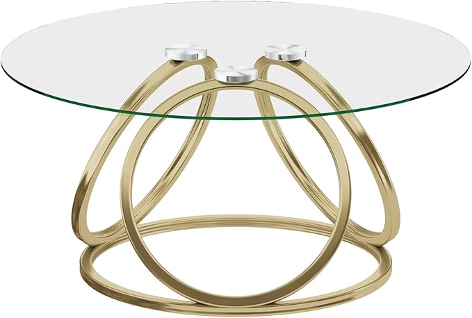 O&K FURNITURE Gold Coffee Table, Modern Round Glass Coffee Table for Living Room with Ring-Shaped Frames, Gold Glass Table for Home&Office,Gold Finish, 1PC - LeafyLoom