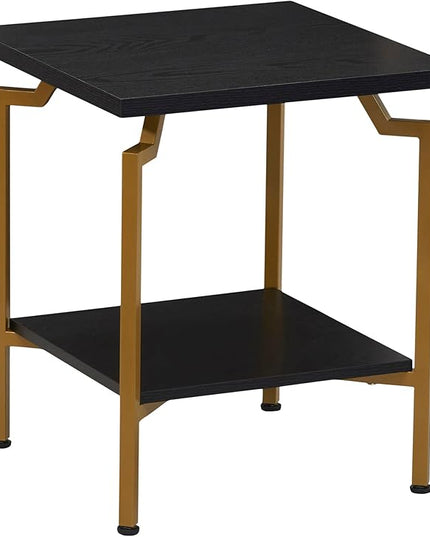 Household Essentials Crown Square Side End Table with Storage Shelf Black Oak Wood Grain and Gold Metal - LeafyLoom