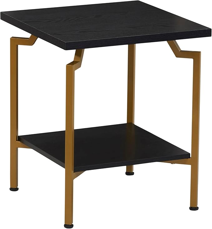 Household Essentials Crown Square Side End Table with Storage Shelf Black Oak Wood Grain and Gold Metal - LeafyLoom