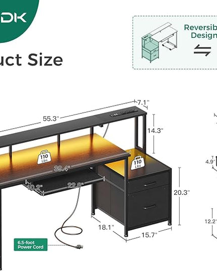 AODK 55 Inch Gaming Desk with Power Outlets & LED Light, Reversible Computer Desk with File Cabinet and Fabric Drawer, Office Desk with Keyboard Tray, Table with Full Monitor Riser and PC Stand, Black - LeafyLoom