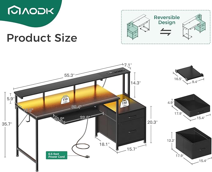 AODK 55 Inch Gaming Desk with Power Outlets & LED Light, Reversible Computer Desk with File Cabinet and Fabric Drawer, Office Desk with Keyboard Tray, Table with Full Monitor Riser and PC Stand, Black - LeafyLoom