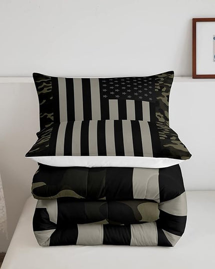 American Flag Comforter Set Full Military Camo Down Comforter,Retro Army Green Camouflage USA Flag Bedding Set For Kids Boys Teens Men Bedroom,Black Grey Stars Stripes Quilt Duvet Set 2 Pillow Cases - LeafyLoom