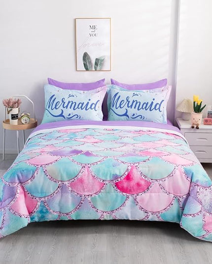Wajade Kid Mermaid Scale Comforter Bedding Set Full Size, Colorful Rainbow 3D Fish Scale 7 Pieces Soft Bedding Sets with Comforter, Sheet, Pillowcase and Sham for Girls - LeafyLoom