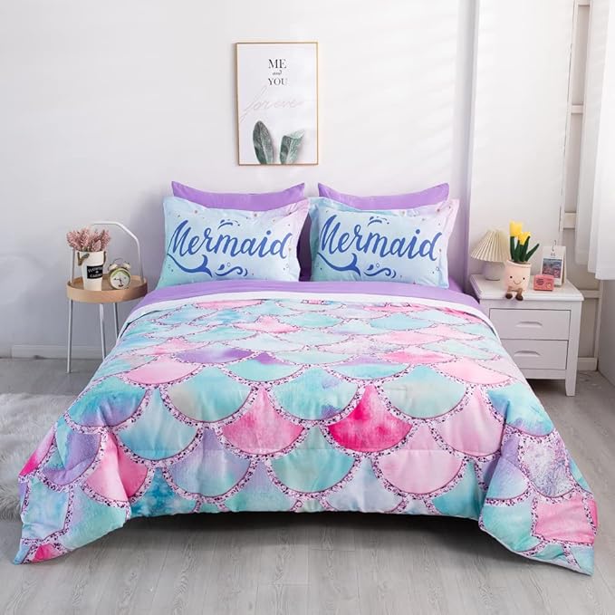 Wajade Kid Mermaid Scale Comforter Bedding Set Full Size, Colorful Rainbow 3D Fish Scale 7 Pieces Soft Bedding Sets with Comforter, Sheet, Pillowcase and Sham for Girls - LeafyLoom