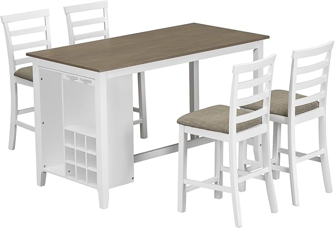 5 Piece Multi-Functional Rubber Wood Counter Height Dining Table Set with Padded Chairs and Integrated 9 Bar Compartment, Wine Glass Holders for Kitchen, Living Room, Brown+White-1 - LeafyLoom