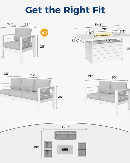 Wisteria Lane Aluminum Patio Furniture Set, 5 Piece Metal Outdoor Furniture Set with CSA Certified 54in Propane Gas Fire Pit Table, Patio Conversation Set with 5in Olefin Cover Cushions (White) - LeafyLoom