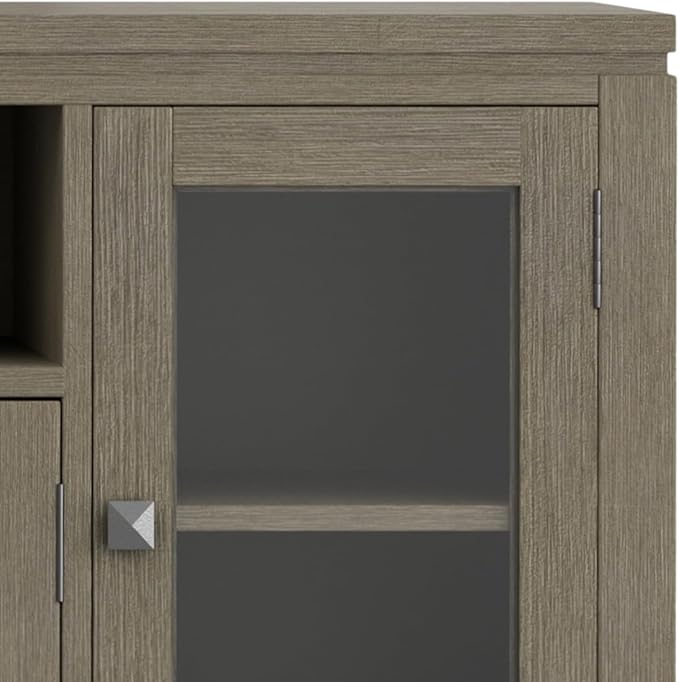 SIMPLIHOME Cosmopolitan SOLID WOOD Universal TV Media Stand, 72 inch Wide, Contemporary, Living Room Entertainment Center with Storage, for Flat Screen TVs up to 80 inches in Farmhouse Grey - LeafyLoom