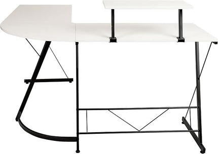 Flash Furniture Ginny Corner Desk - White/Black Space Saving L-Shaped Gaming Desk with Monitor Shelf - 71.5" 2-Tier Computer Desk, Home Office Desk, Easy Assembly - LeafyLoom