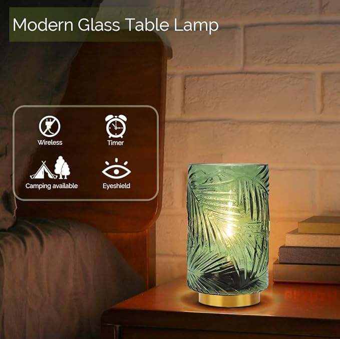 Battery Operated Lamp with Timer, Glass Cordless Lamps Beside Table Light,Small Lamp with for Home Decorative Living Corner Bedroom - LeafyLoom