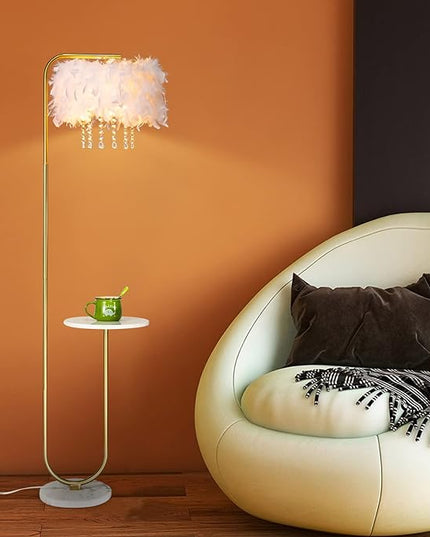 Unique Led White Feather Floor Lamp with Tray,Ostrich Feather Stand Lamp,Living Room Bedroom Office Shop Window Decoration Lamp,Foot Switch and Brass/Gold Finish Arc Floor Lamp - LeafyLoom