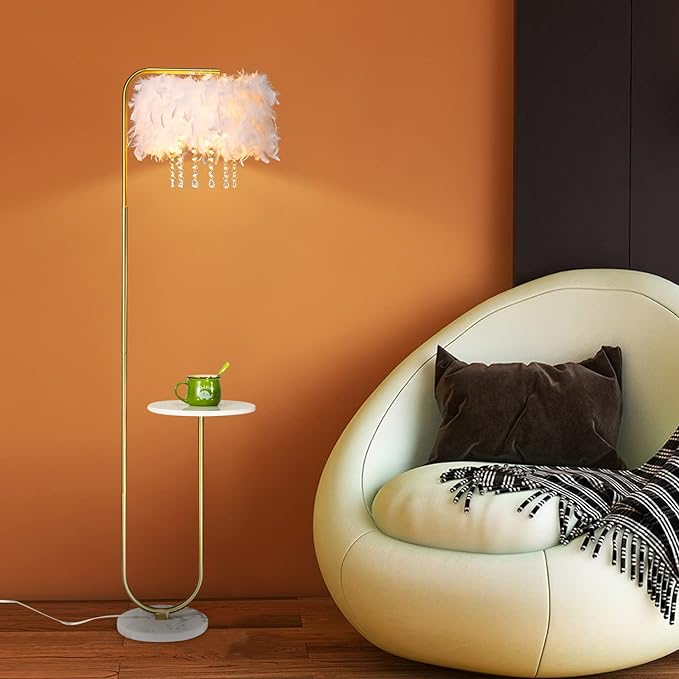 Unique Led White Feather Floor Lamp with Tray,Ostrich Feather Stand Lamp,Living Room Bedroom Office Shop Window Decoration Lamp,Foot Switch and Brass/Gold Finish Arc Floor Lamp - LeafyLoom