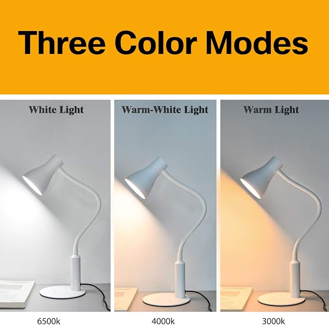LED Desk Lamp, 3 Lighting Modes and 6 Brightness Levels, 10W Flexible Gooseneck Table Lamp for Living Room and Study, Remote Control with Timing Function, AC Adapter Included (White) - LeafyLoom