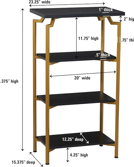 Household Essentials Crown Narrow 4 Shelf Open Storage Bookshelf Black Oak Wood Grain and Gold Metal - LeafyLoom