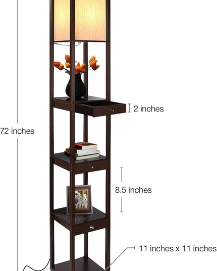 Brightech Maxwell Drawer Edition - Modern Shelf Floor Lamp with Drawer - Corner Display Floor Lamps with Shelves for Living Room, Bedroom and Office - Havana Brown - LeafyLoom