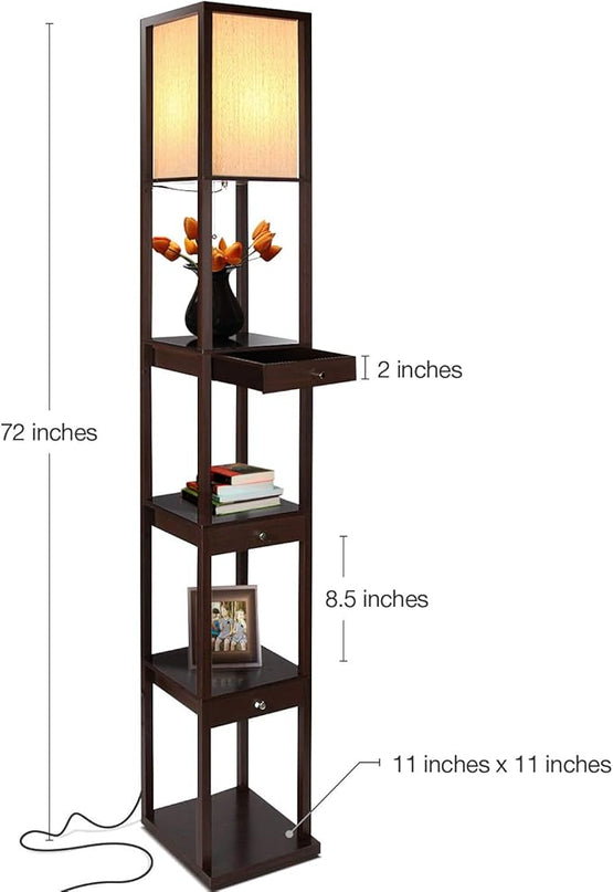 Brightech Maxwell Drawer Edition - Modern Shelf Floor Lamp with Drawer - Corner Display Floor Lamps with Shelves for Living Room, Bedroom and Office - Havana Brown - LeafyLoom