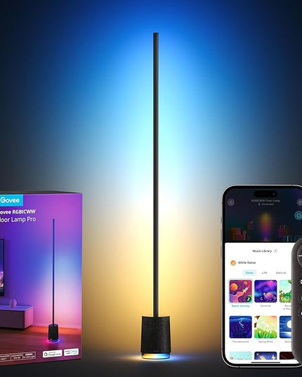 Govee Floor Lamp Pro, RGBIC LED Lamp with Bluetooth Speaker and White Noise, 2100 Lumens Standing Lamp, Works with Alexa, 16 Million Colors, Music Sync, Floor Lamp for Bedroom, Living Room, Black - LeafyLoom