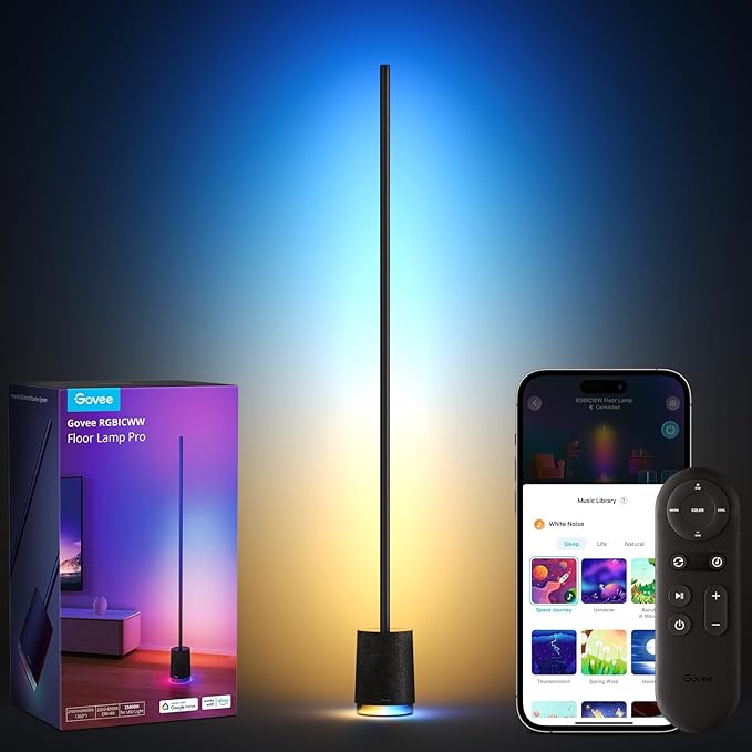 Govee Floor Lamp Pro, RGBIC LED Lamp with Bluetooth Speaker and White Noise, 2100 Lumens Standing Lamp, Works with Alexa, 16 Million Colors, Music Sync, Floor Lamp for Bedroom, Living Room, Black - LeafyLoom