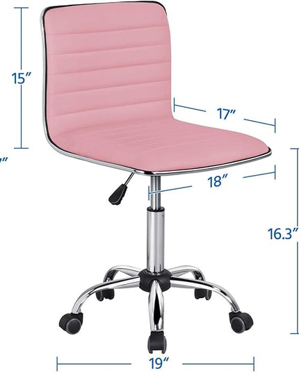 Yaheetech Pink Low Back PU Leather Ribbed Armless Office Chair, Ergonomic Swivel Task Chair with Wheels for Women - LeafyLoom