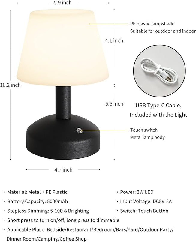 KDG Modern Cordless Small Table Lamps, Portable LED Dimmable Desk Lamp, 5000mAh Rechargeable Battery Operated Lighting for Restaurant/Bedroom/Bedside/Bar/Outdoor/Camping/Night Light(Black) - LeafyLoom