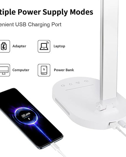 LED Desk Lamp, Dimmable Table Lamp Reading Lamp with USB Charging Port,5 Lighting Modes, Sensitive Control, 60 Minutes Auto-Off Timer, Eye-Caring Office Lamp(White) - LeafyLoom