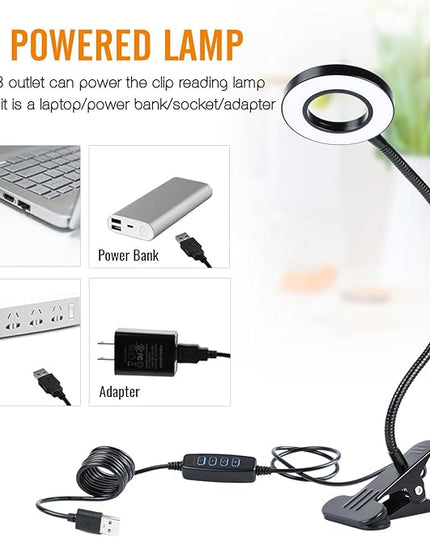 Clamp on Lamp, Desk Lamps, 8W Clip Light, Warm & Daylight & White Light 3 Colors, 10 Dimmable Illumination Modes (Black) - LeafyLoom
