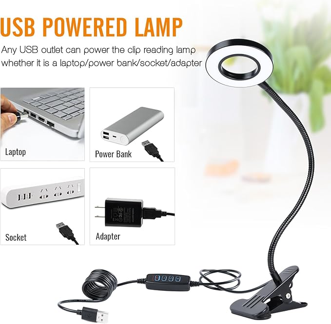 Clamp on Lamp, Desk Lamps, 8W Clip Light, Warm & Daylight & White Light 3 Colors, 10 Dimmable Illumination Modes (Black) - LeafyLoom
