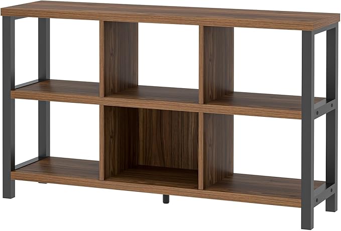 FOLUBAN 6 Cube Storage Organizer Bookshelf, Industrial Horizontal Low Cubby Bookcase for Living Room Bedroom (Rustic Walnut, 47 Inch) - LeafyLoom