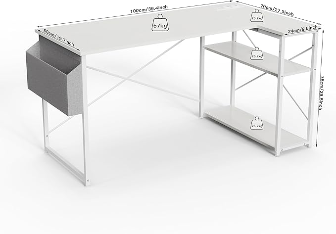 Small Computer Desk with Power Outlets, 40 Inch L Shaped Desk with Reversible Shelves, Gaming Desk Corner Desk Study Writing Desk for Home Office Bedroom Small Space, White - LeafyLoom