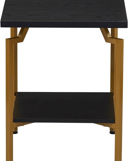 Household Essentials Crown Square Side End Table with Storage Shelf Black Oak Wood Grain and Gold Metal - LeafyLoom