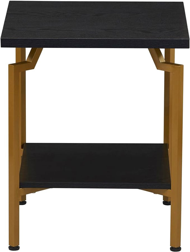 Household Essentials Crown Square Side End Table with Storage Shelf Black Oak Wood Grain and Gold Metal - LeafyLoom