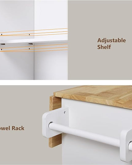RITSU 39" Rolling Kitchen Island Cart, Indoor Bar Storage Cabinet Organizer with Divider Internal Cabinet Rack, Portable Movable Table w/Adjustable Shelf Towel Rack, for Dining Room, White - LeafyLoom