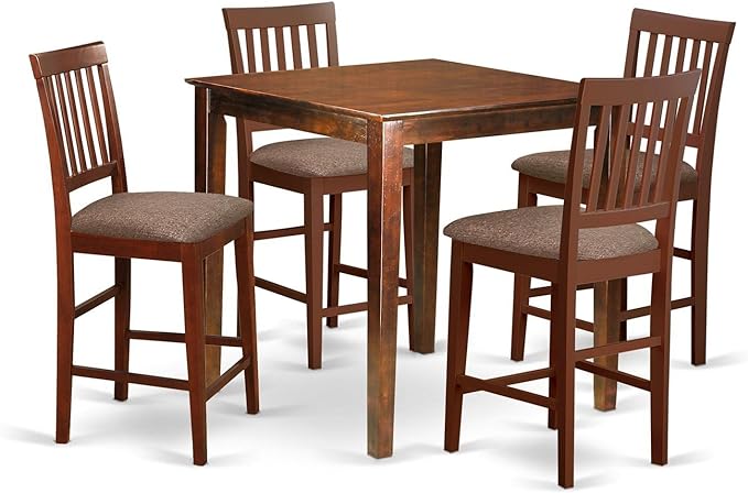 East West Furniture VERN5-MAH-C Vernon 5 Piece Counter Height Set Includes a Square Kitchen Table and 4 Linen Fabric Upholstered Dining Chairs, 36x36 Inch - LeafyLoom