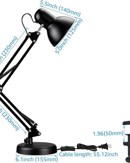 TORCHSTAR Metal Desk Lamp with Clamp, Swing Arm , Architect Adjustable Gooseneck Table Lamp, Clip Desk Lights for Home Office, Work, Study, Reading, E26 Base, Multi-Joint, Black - LeafyLoom