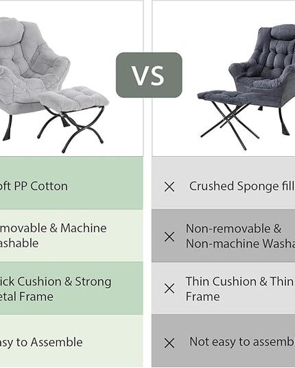Lazy Chair with Ottoman, Modern Reading Chair with Folding Footrest, Comfortable Lounge Accent Chair for Bedroom, Study, Living Room, Courtyard (Plush Grey) - LeafyLoom