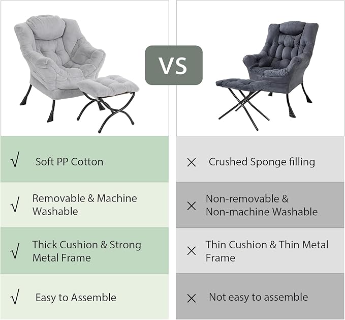 Lazy Chair with Ottoman, Modern Reading Chair with Folding Footrest, Comfortable Lounge Accent Chair for Bedroom, Study, Living Room, Courtyard (Plush Grey) - LeafyLoom
